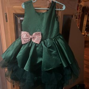 Girls Green Dress with Gold Bow Accent